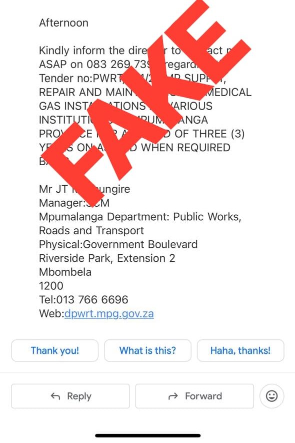 Mpumalanga Department of Public Works warns of fraudulent emails targeting business owners